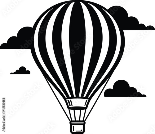 A classic black and white illustration of a hot air balloon floating in the sky