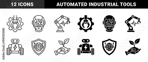 Collection of hybrid robotics and automation symbols featuring mechanical arms with pulse lines bionic heads with circuits and sustainable robot technology