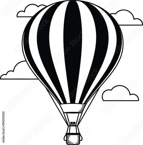 A classic black and white striped hot air balloon floating serenely in the sky