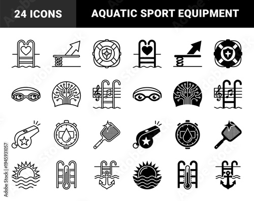 Swimming Pool and Aquatic Leisure Hybrid Symbols Featuring Ladder Heart Anchor and Musical Note Integrations in Dual Line and Solid Styles