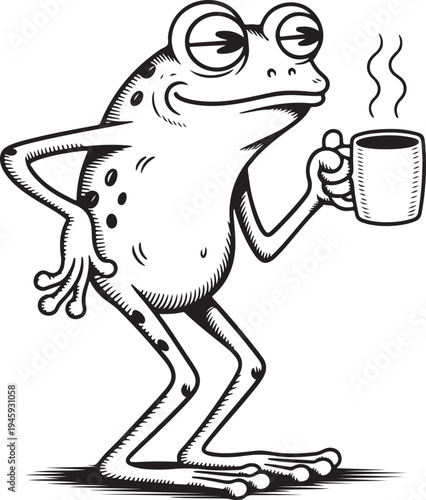 Funny cartoon frog drinking hot coffee cup