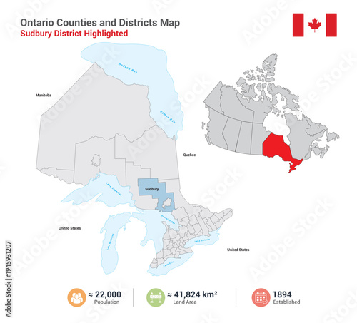 Ontario counties and districts map with sudbury district highlighted 