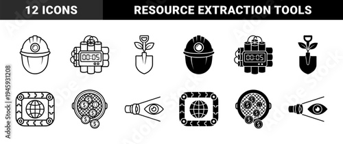 Mining and exploration hybrid symbols featuring hard hat with lamp dynamite timer plant shovel globe puzzle grid coin sieve and compass tool
