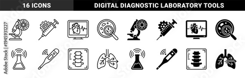 Biomedical engineering and smart healthcare icons merging laboratory equipment with digital circuitry and diagnostic data visualization symbols