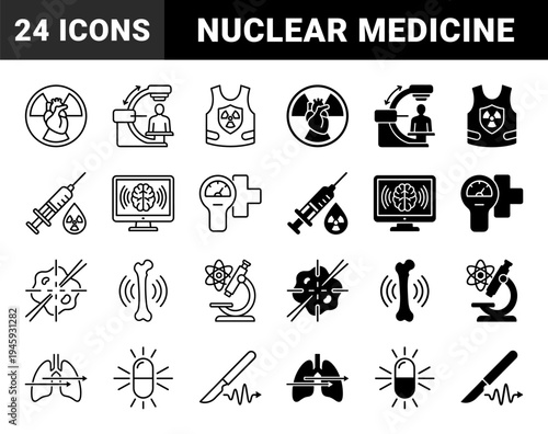 Nuclear medicine and molecular imaging hybrid icons featuring radioactive heart scans brain monitoring radiation protection and diagnostic pharmacology