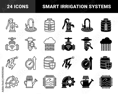 Smart Irrigation and Water Management Hybrid Icons Featuring Solar Power Watering Can Soil Moisture Sensor and Digital Fluid Control Systems