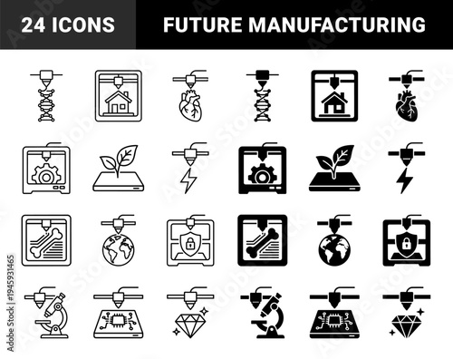 Biotechnology and advanced manufacturing line and solid icons featuring 3D printed organs, DNA structures, house construction, and laboratory equipment