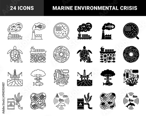 Ecological crisis and ocean pollution hybrid icons featuring industrial waste merged with marine life and toxic environmental impact symbols