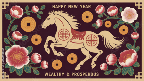 Happy new year wealthy prosperous gold horse with pink flowers and coins on dark background
