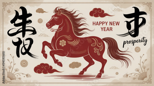 Red horse illustration with happy new year message and chinese calligraphy for prosperity