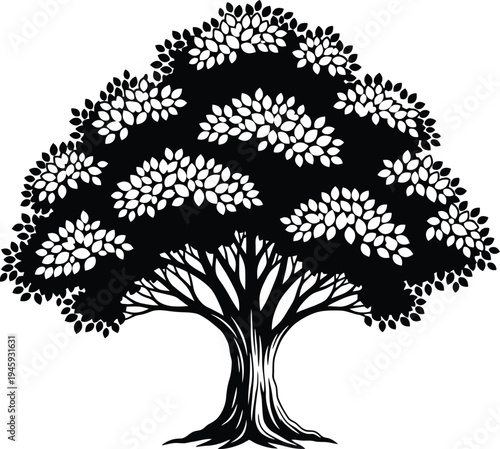 A majestic black and white illustration of a large, spreading tree with intricate branches and leaves.