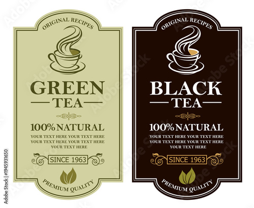 collection of green and black tea labels with leaves and cup