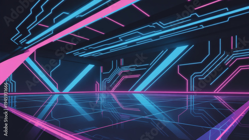 Neon lit circuit board design with pink and blue glowing lines on dark background futuristic tech concept with reflective surface