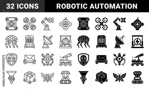 Hybrid Industrial Automation and Robotic Logistics Symbols Featuring Integrated Circuitry Mechanical Gears and Autonomous Delivery Systems in Dual Style