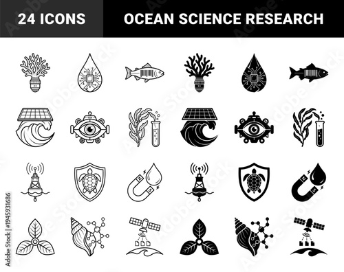 Marine biotechnology and ocean conservation symbols merging aquatic life with scientific research and renewable energy technology elements