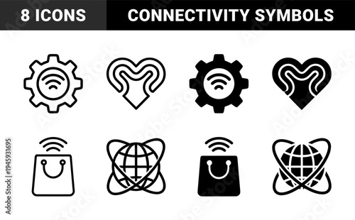 Hybrid connectivity symbols merging global communication and commerce with gear mechanism heart and battery energy status metaphors in outline and solid styles