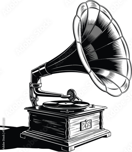 Vintage gramophone player on a wooden stand with a large horn speaker