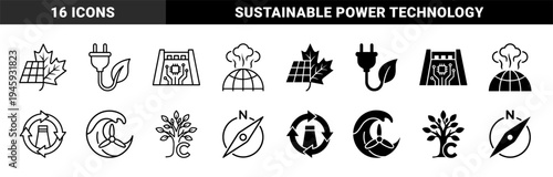 Sustainable energy and carbon capture icons featuring hybrid designs of solar maple leaves electric plugs with foliage and geothermal earth symbols