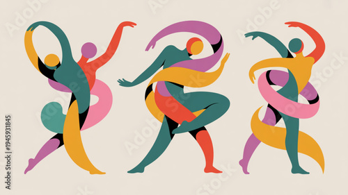 Three stylized dancers in motion with colorful swirling ribbons on beige background