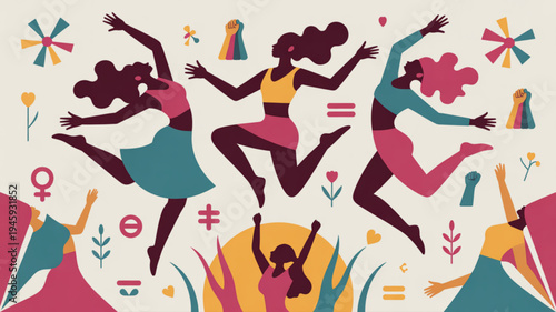 Diverse women jumping in celebration colorful abstract background with flowers and symbols