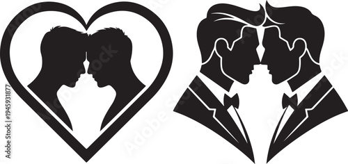 Gay couple silhouettes in heart and tuxedo