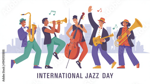 Jazz musicians celebrating international jazz day with city skyline background