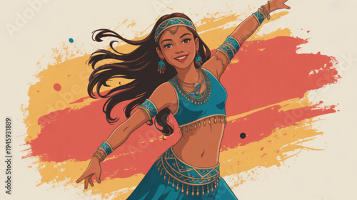 Woman in blue belly dance costume dancing energetically with colorful background