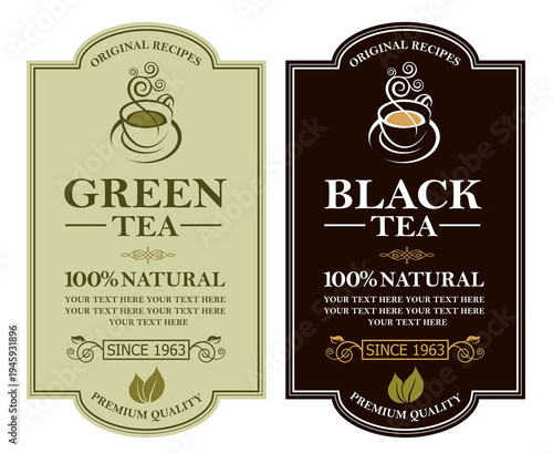 collection of green and black tea labels with leaves and cup