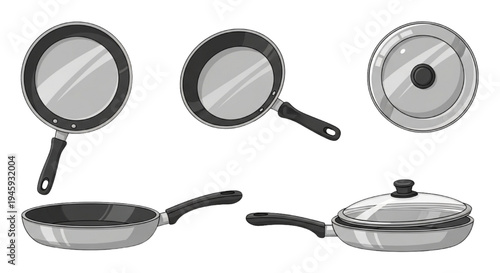 Frying Pan Icon Set Vector Illustration – Kitchen Cookware Clipart, Stainless Steel Skillet with Lid and Without Lid Flat Design