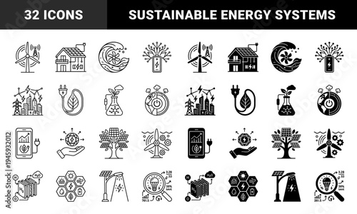 Hybrid renewable energy and sustainable resource icons featuring solar tree wind turbine hydrogen fuel cell and smart grid power management systems