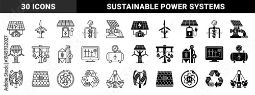 Sustainable Energy and Renewable Technology Hybrid Icons Featuring Solar Power Wind Turbines Electric Vehicle Charging and Hydrogen Fuel Systems