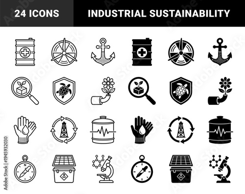 Hybrid industrial and environmental sustainability icons featuring merged symbols of clean energy, biohazard containment, and ecological research
