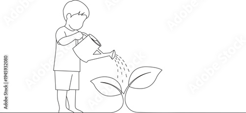 A child carefully watering a small plant with a watering can