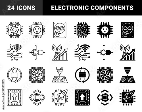 Hybrid electronic component icons merging semiconductor symbols with power plugs circuit boards cooling fans and wireless signal transmitters