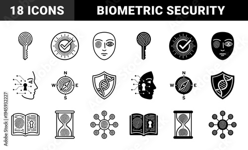 Biometric identification hybrid icon set featuring fingerprint combined with key compass shield dna strand and hourglass symbols for security