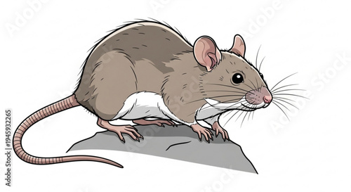 Brown mouse standing on rock looking right white background detailed illustration