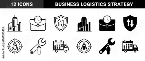 Business Management and Corporate Logistics Icons Featuring Hybrid Symbolic Logic for Strategic Planning and Operational Efficiency