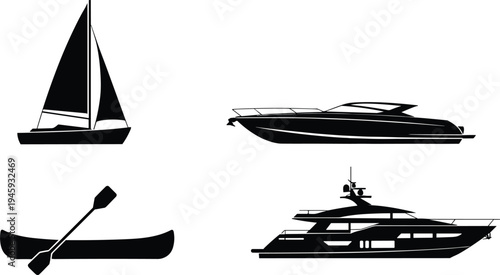 Collection of black silhouette representing different types of watercraft including a sailboat a speed boat a canoe and a yacht