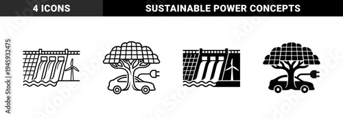 Sustainable energy hybrid icons featuring hydroelectric dam with wind turbine solar panel tree charging electric car and global renewable network