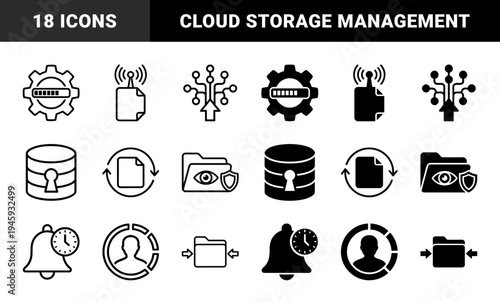 Data Management and Cloud Computing Hybrid Icons Featuring Secure Storage Network Synchronization and Digital File Encryption Symbols in Dual Line and Solid Styles