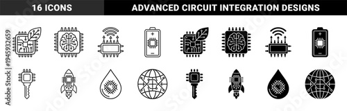 Integrated circuit hybrid symbols featuring electronic microchip merged with organic leaf brain battery key rocket water drop and global network