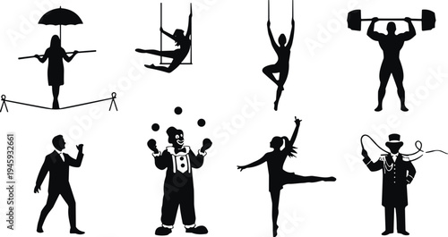 Collection of circus performers and athletes in silhouette including a tightrope walker a trapeze artist a juggler a strongman a dancer and a ringmaster