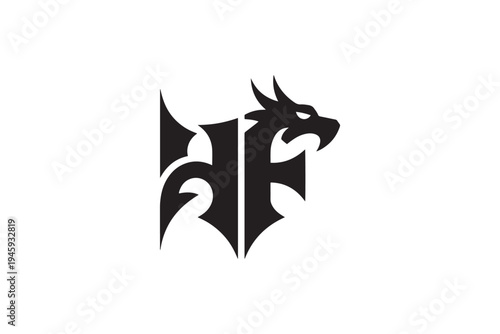 Dramatic dragon head integrated with gothic font h logo design for fantasy brands