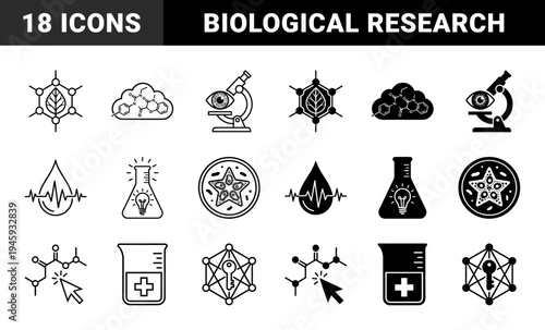 Biotechnology and life science hybrid icons merging organic elements with lab equipment featuring leaf molecules microscope eyes and lightbulb flasks