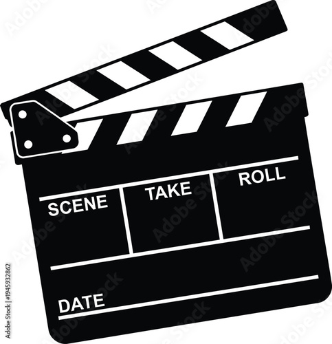 Classic film clapperboard indicating scene, take, and roll for movie production