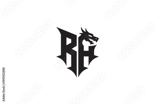 Dramatic dragon head integrated with gothic font 'rh' monogram logo design