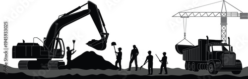 Construction site with excavator, crane, dump truck, and workers engaged in heavy machinery operations and manual labor for building projects