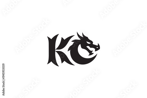 Dramatic dragon integrated into bold 'kc' monogram logo design for a powerful brand identity