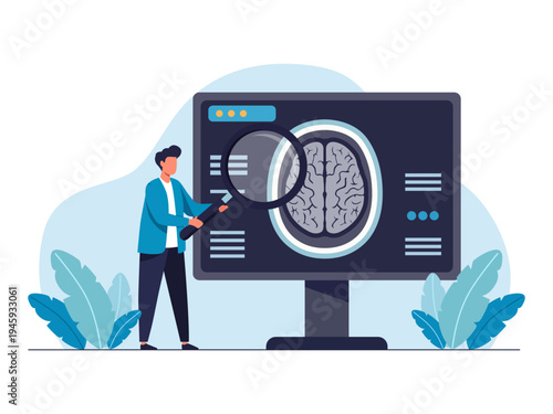 professional using magnifying glass examine brain scan monitor diagnose health issues