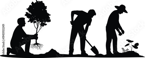 Gardeners Planting Trees Silhouette Set, Professional Landscaping Team Working Outdoor Garden, Environmental Conservation Agriculture, CAD Drawing Flat Vector Illustration